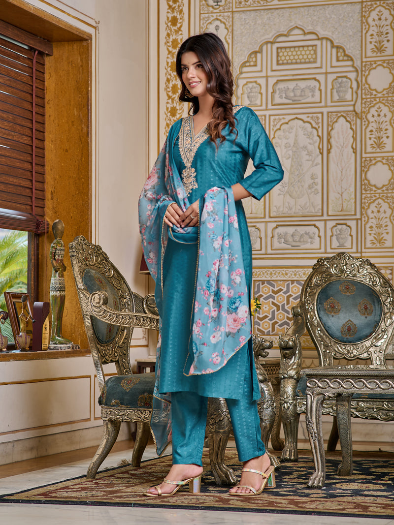 Women Embroidered Viscose Rayon Kurta With Pant And Digital Print Dupata Set D104
