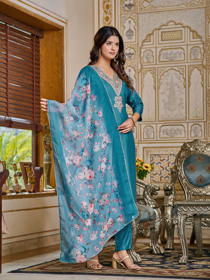 Women Embroidered Viscose Rayon Kurta With Pant And Digital Print Dupata Set D104