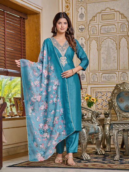 Women Embroidered Viscose Rayon Kurta With Pant And Digital Print Dupata Set D104