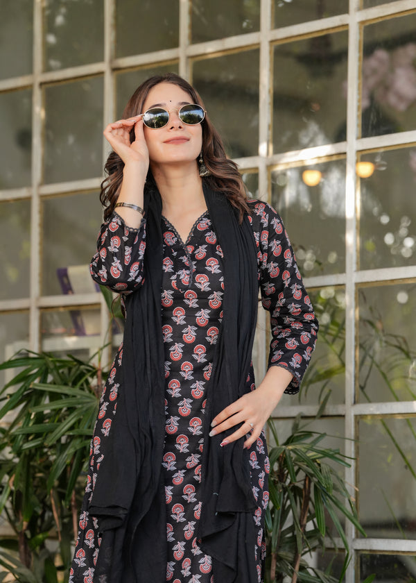 Women's Pure Cotton Printed Straight Kurta with Pant And  Dupatta Sets  MV-6015