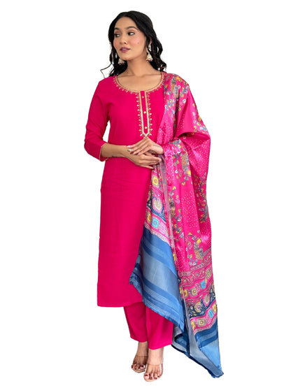 Women's Gajri Viscose Embroidered Straight Kurta with Viscose Pant And Jacquard Printed Dupatta Sets