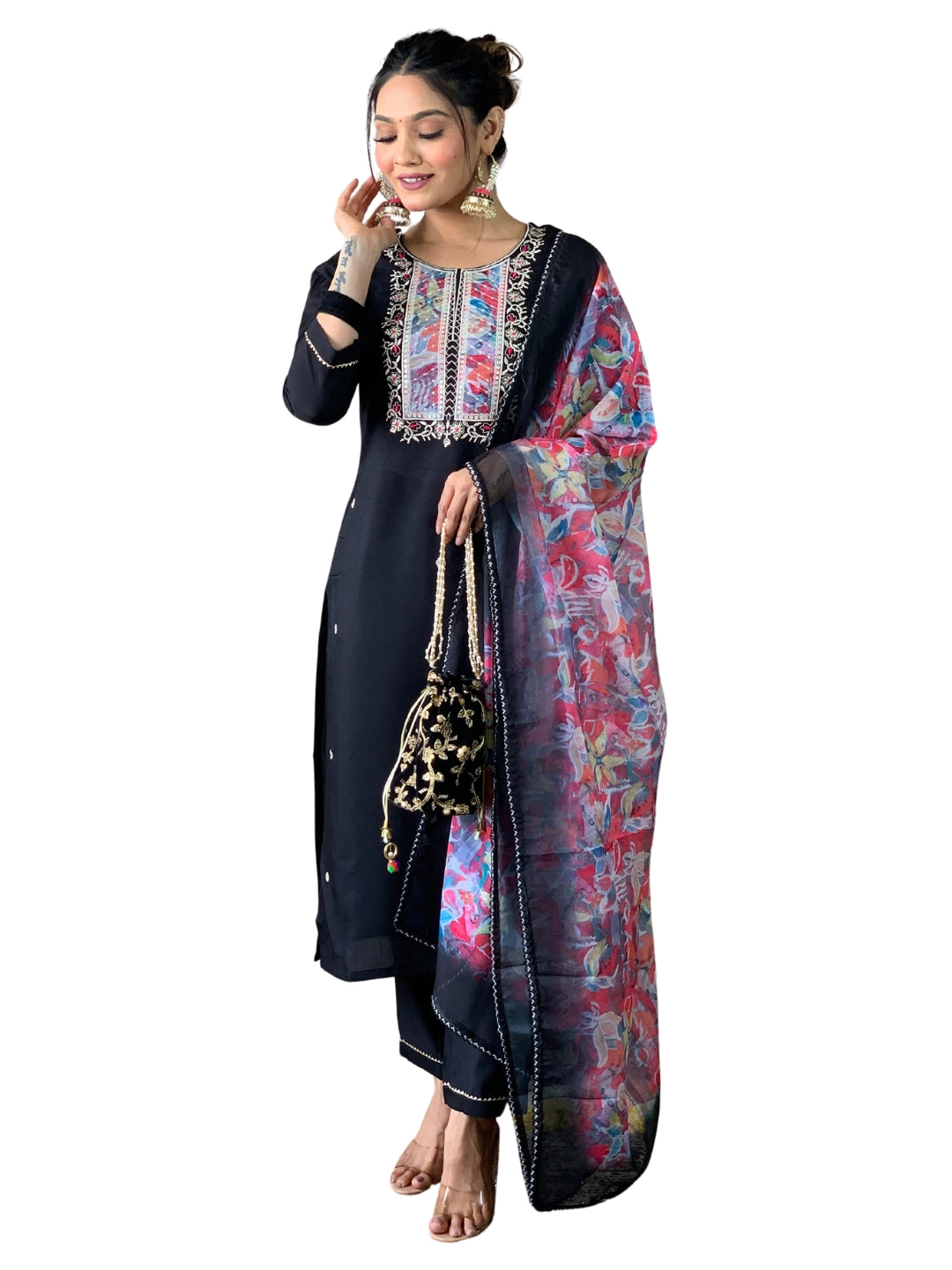 Women's Black Rayon Slub Embroidered Straight Kurta with Rayon Slub Pant And Organza Printed Dupatta Sets