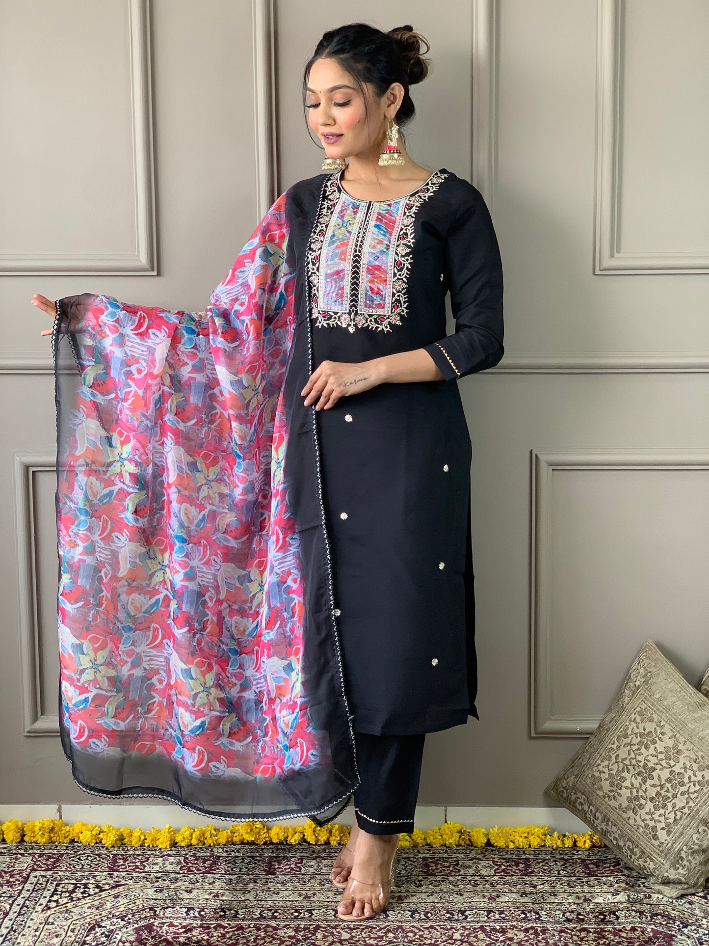 Women's Black Rayon Slub Embroidered Straight Kurta with Rayon Slub Pant And Organza Printed Dupatta Sets
