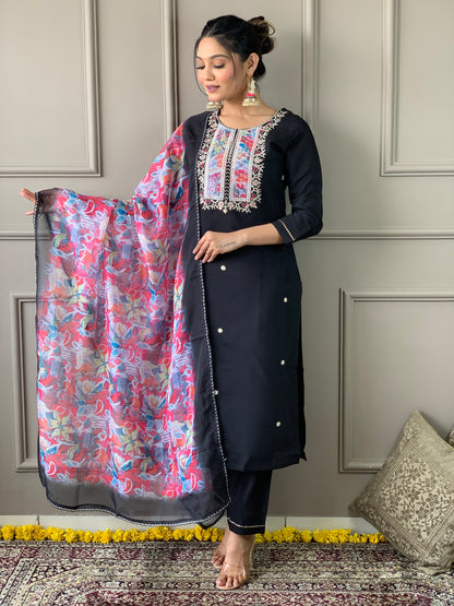 Women's Black Rayon Slub Embroidered Straight Kurta with Rayon Slub Pant And Organza Printed Dupatta Sets