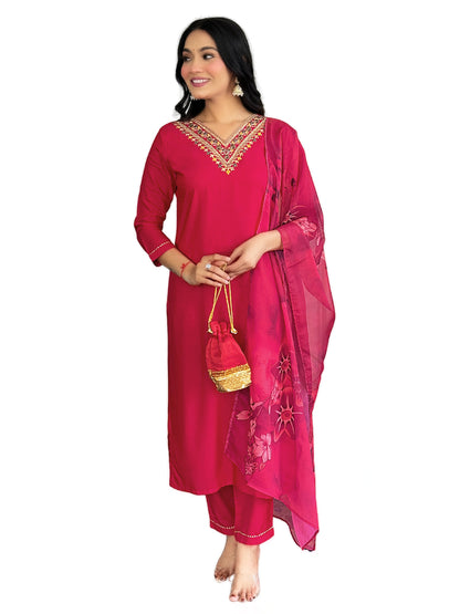 Women's Red Rayon Embroidered Straight Kurta with Rayon Pant And Silk Printed Dupatta Sets D580
