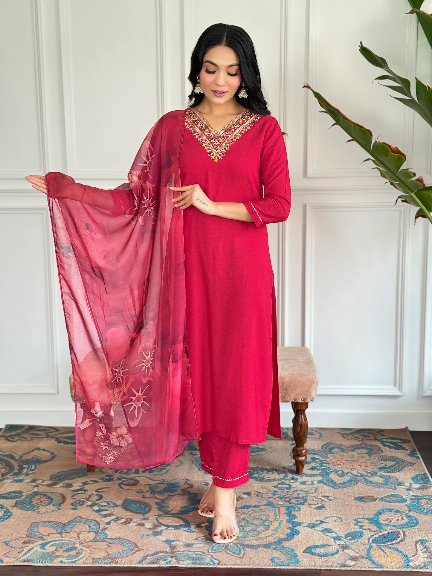 Women's Red Rayon Embroidered Straight Kurta with Rayon Pant And Silk Printed Dupatta Sets D580