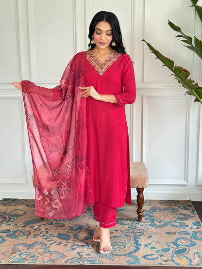 Women's Red Rayon Embroidered Straight Kurta with Rayon Pant And Silk Printed Dupatta Sets D580