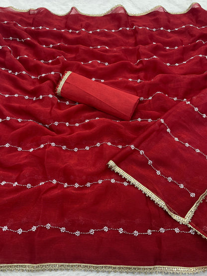 Heavy Chinnon  Saree With Unstitched Blouse DVS-61