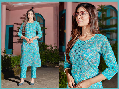 Women Cotton Blend Digital Print Kurta With Pant  Set SG-Bindiya