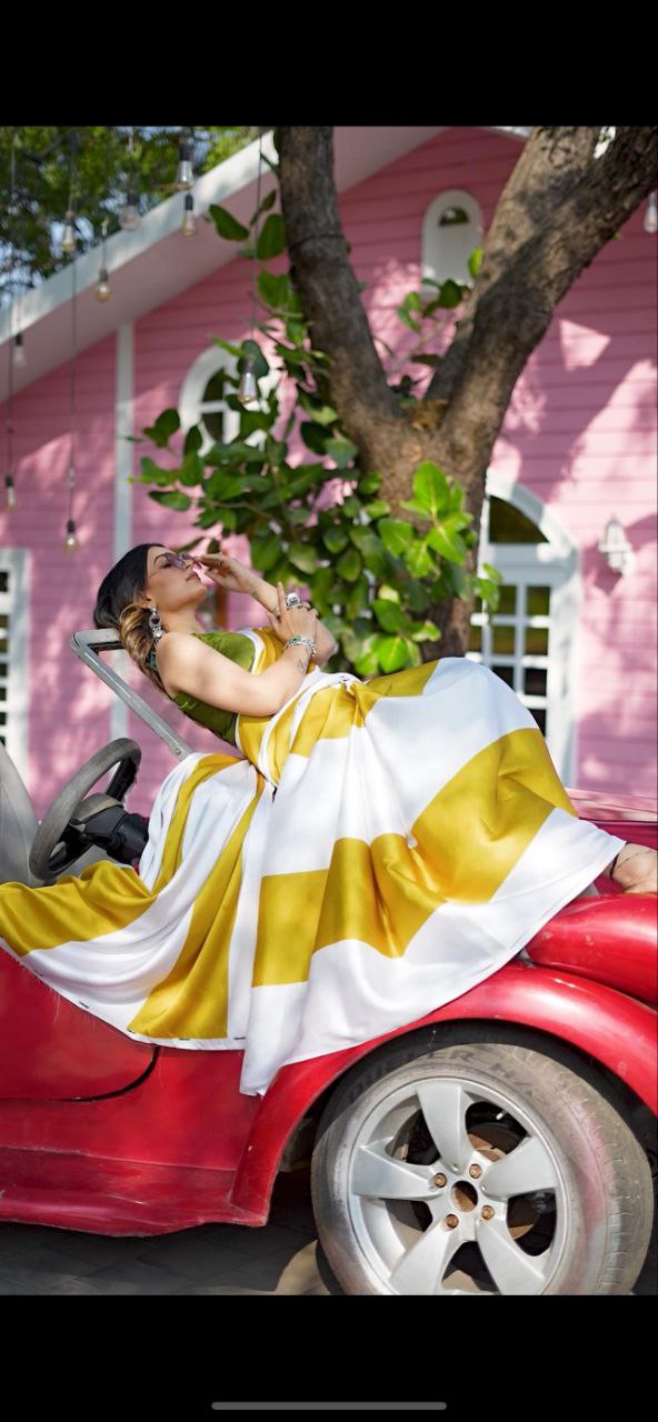 White Musterd Green Line Digital Print  Original Japan Satin (Devsena satin)