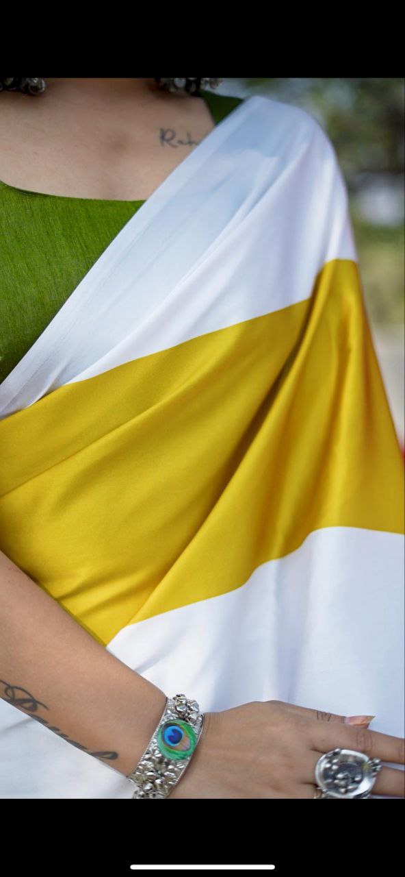 White Musterd Green Line Digital Print  Original Japan Satin (Devsena satin)