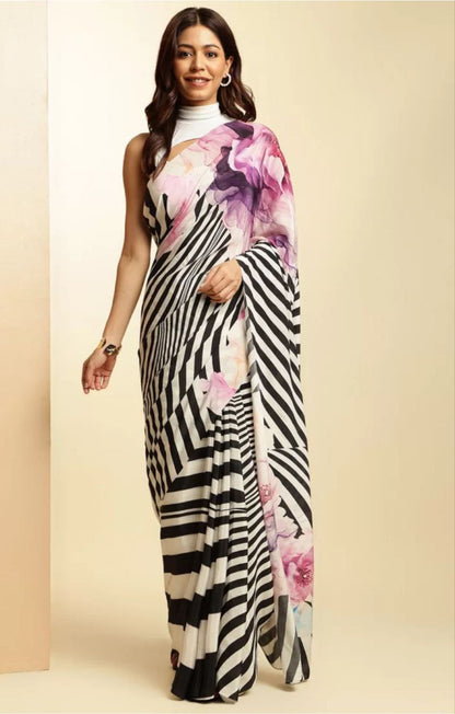 Orange & White Stripe Floral Digital Print   Original Japan Satin (Devsena satin)