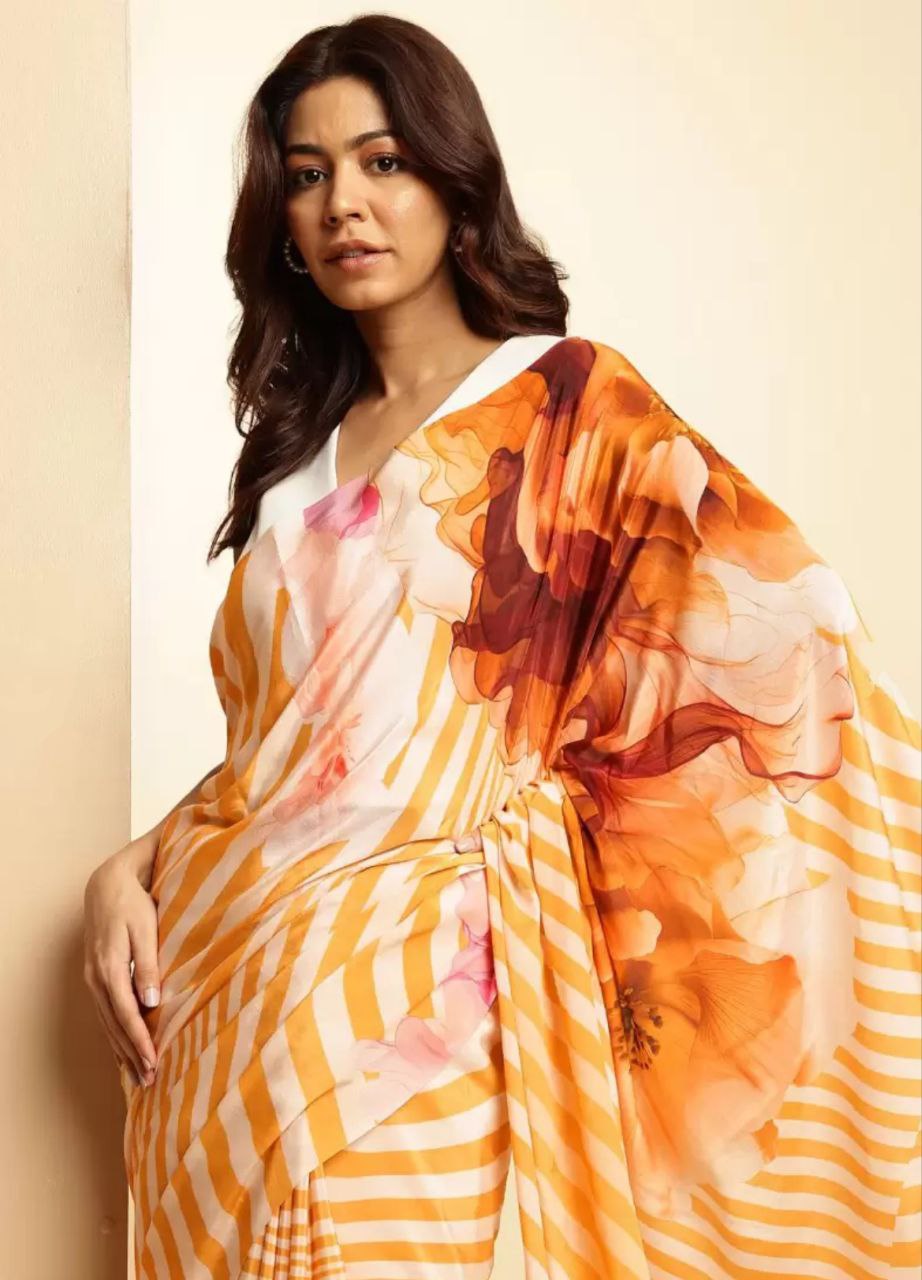 Orange & White Stripe Floral Digital Print   Original Japan Satin (Devsena satin)