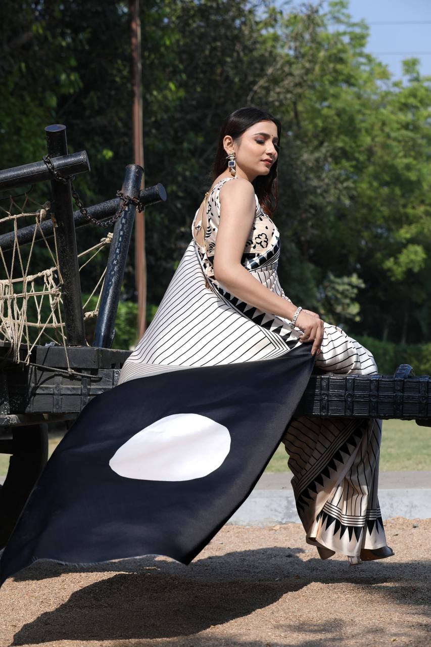 White & Black Stripe Digital Print Original Japan Satin (Devsena satin)