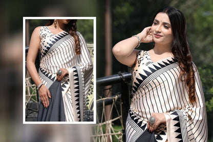 White & Black Stripe Digital Print Original Japan Satin (Devsena satin)