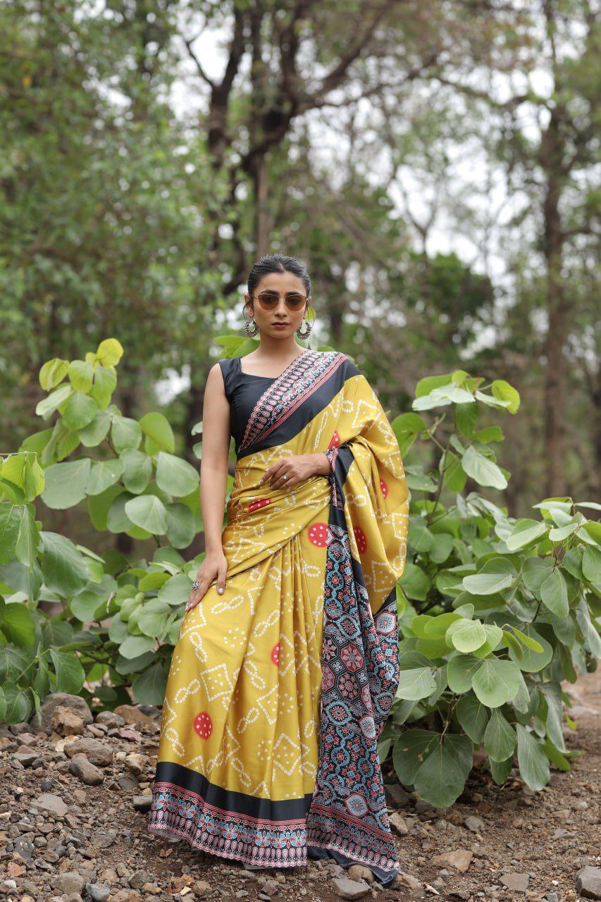 Mustard Yellow Fusion Digital Print Saree Original Japan Satin (Devsena satin)