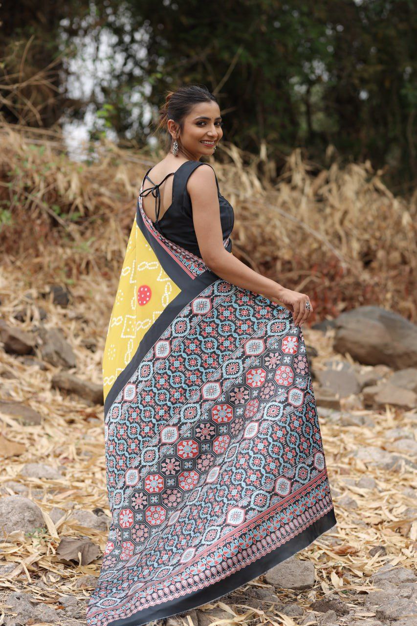 Mustard Yellow Fusion Digital Print Saree Original Japan Satin (Devsena satin)