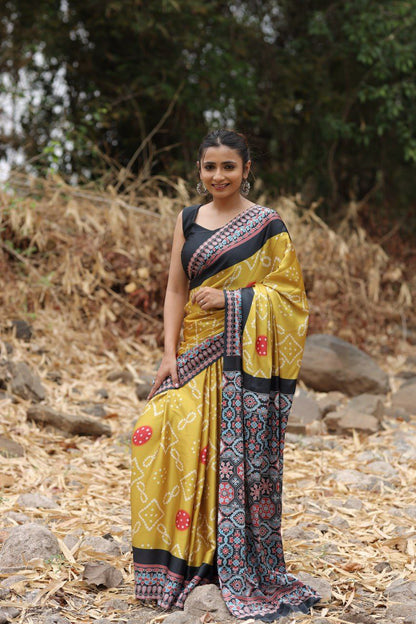 Mustard Yellow Fusion Digital Print Saree Original Japan Satin (Devsena satin)