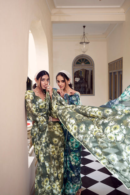 Multicolor Digital Print Weightless Marbel Floral Hot Modern Saree Wtih Pearl Lace Border