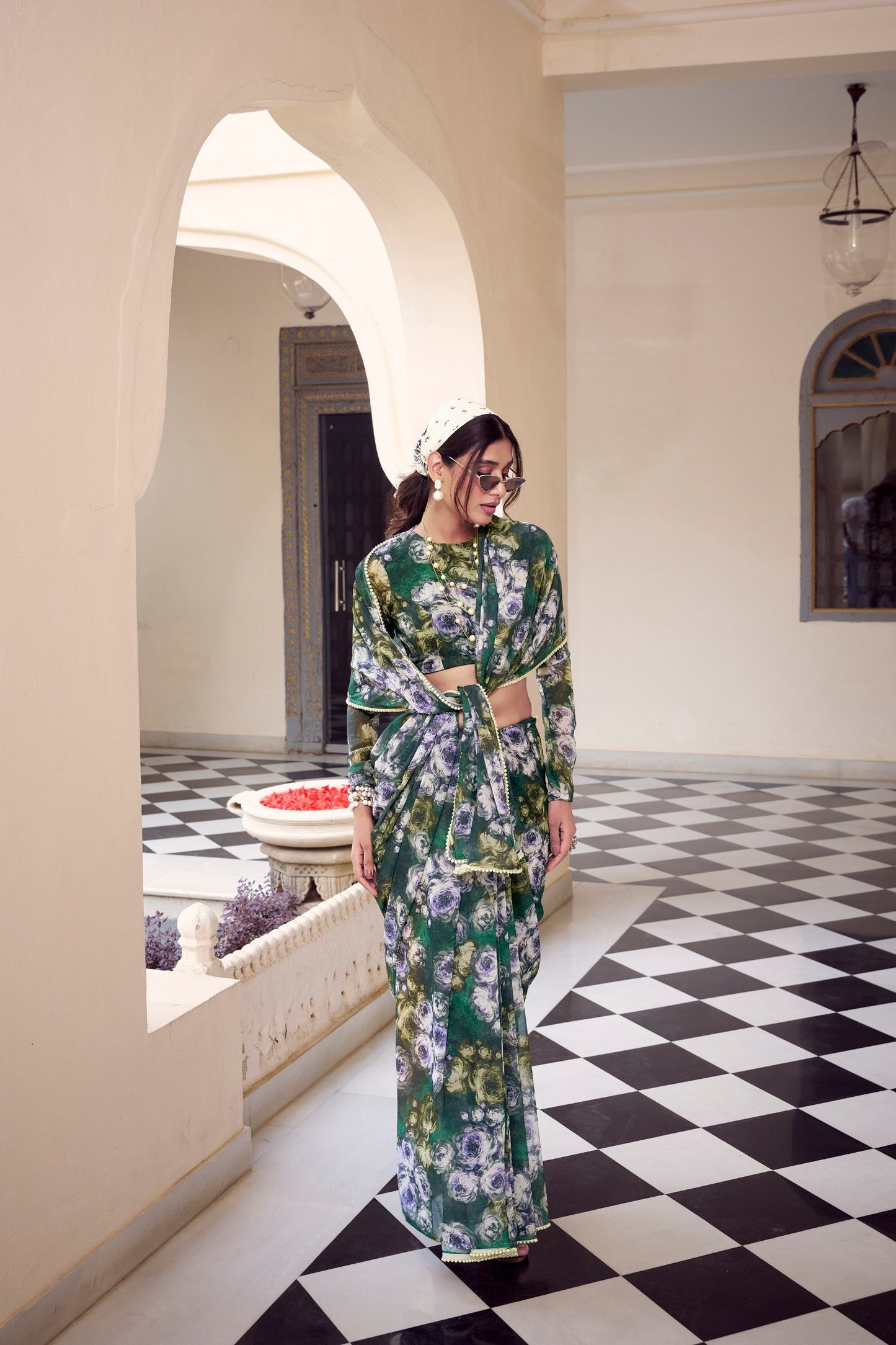 Multicolor Digital Print Weightless Marbel Floral Hot Modern Saree Wtih Pearl Lace Border