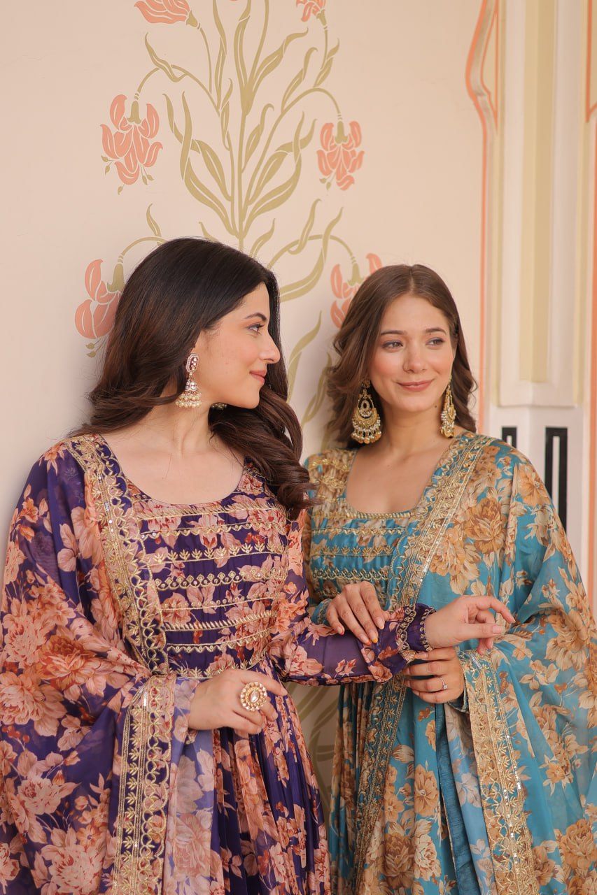 Gown - Russian Silk Rich  Digital Print With Embroidered Sequins Work