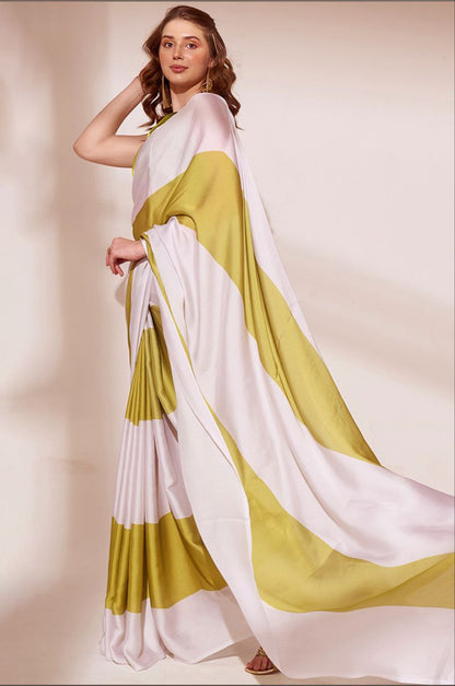 White Musterd Green Line Digital Print  Original Japan Satin (Devsena satin)